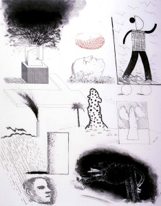 David Hockney: Showing Maurice the Sugar Lift (1974). Aguafuerte al azúcar y punta seca (91 x 70,5 cm. papel 68,5 x 54 cm. plancha)