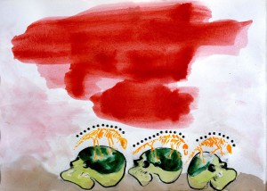 Enzo Cucchi. Blindato (2002). Gouache, carboncillo y técnica mixta sobre papel (30 x 42,4 cm)