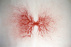 Javier Pérez: Capilares rojo (2001). Acuarela sobre papel (64 x 98 cm)