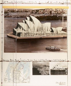 Christo: Sydney Royal Opera House. Wrapped Opera House (project for the Opera House in Sydney, Bennelong Point, Australia), (1969-1990). Técnica gráfica mixta sobre papel: Fotografía, cinta adhesiva, collage de tela, hilo y pintura sobre cartón (76 x 62,5 cm)